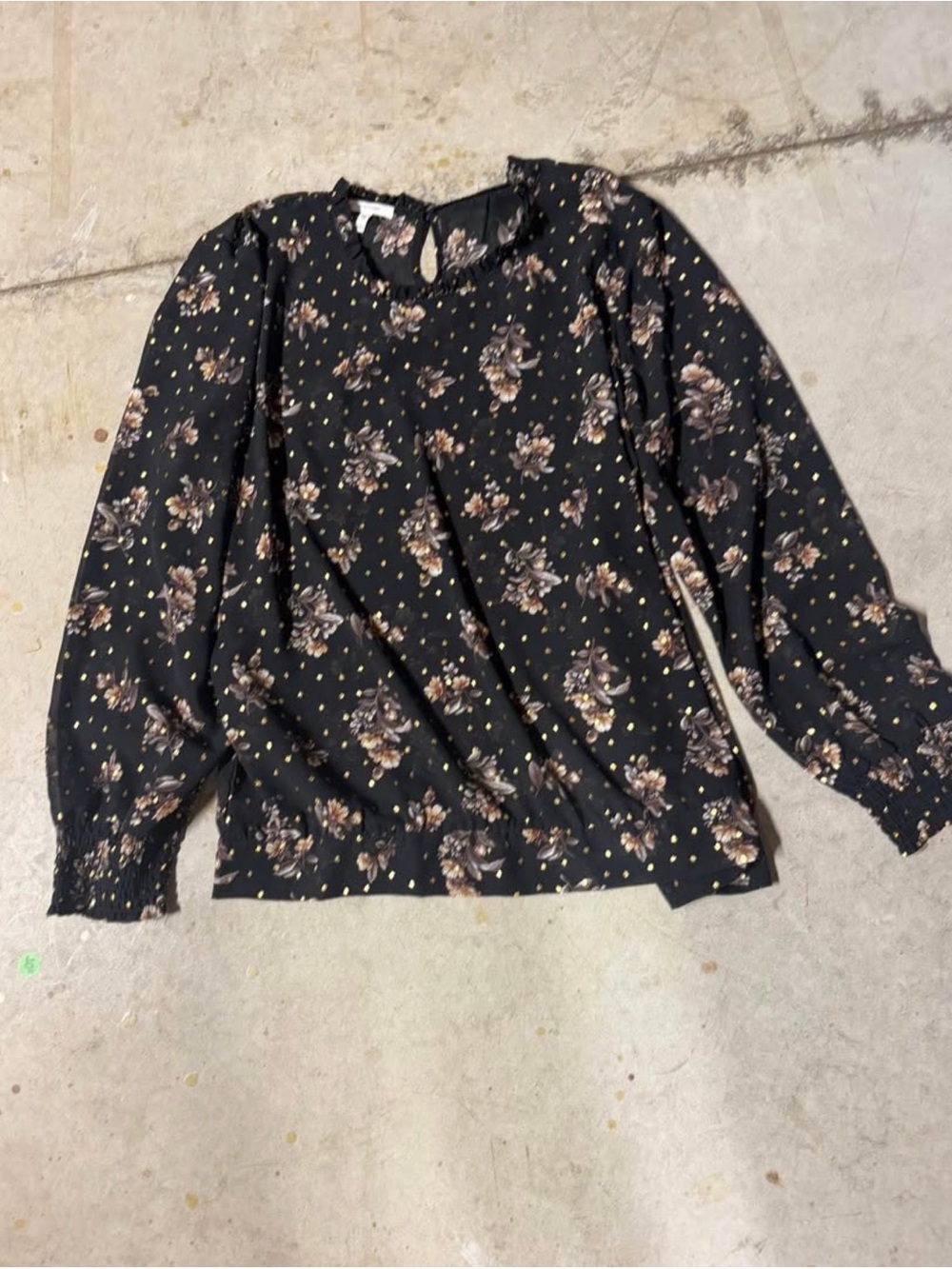 Maurices Black Floral Long-Sleeve Blouse with Gold Dot Accents